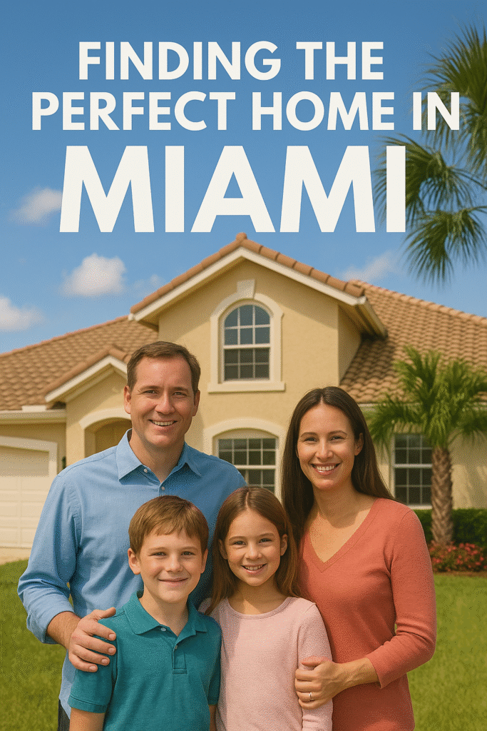 Smiling family with autistic child standing in front of a Miami home, under bold text that reads “Finding the Perfect Home in Miami” with palm trees in background.