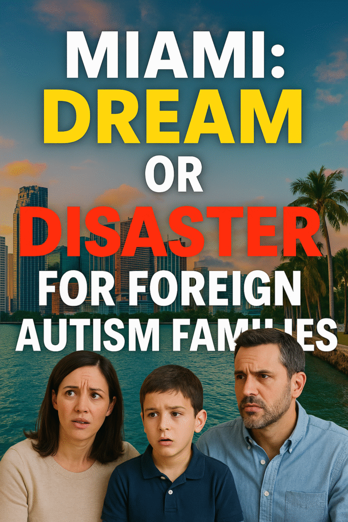 Family with a young autistic child looking concerned in front of Miami skyline.